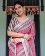 Load image into Gallery viewer, Pink and Beige Floral Printed Pure Cotton Linen Saree with Striped Blouse and Tassels on Edges LINEN