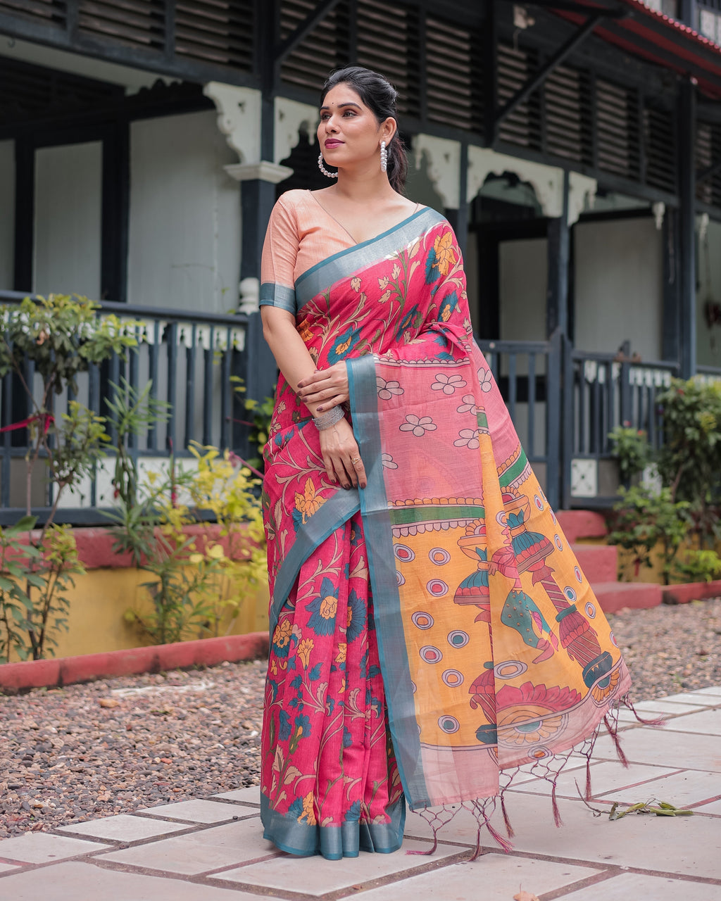 Pink and Orange Pure Cotton Linen Saree with Floral Kalamkari Print, Blue Border, and Tassels LINEN