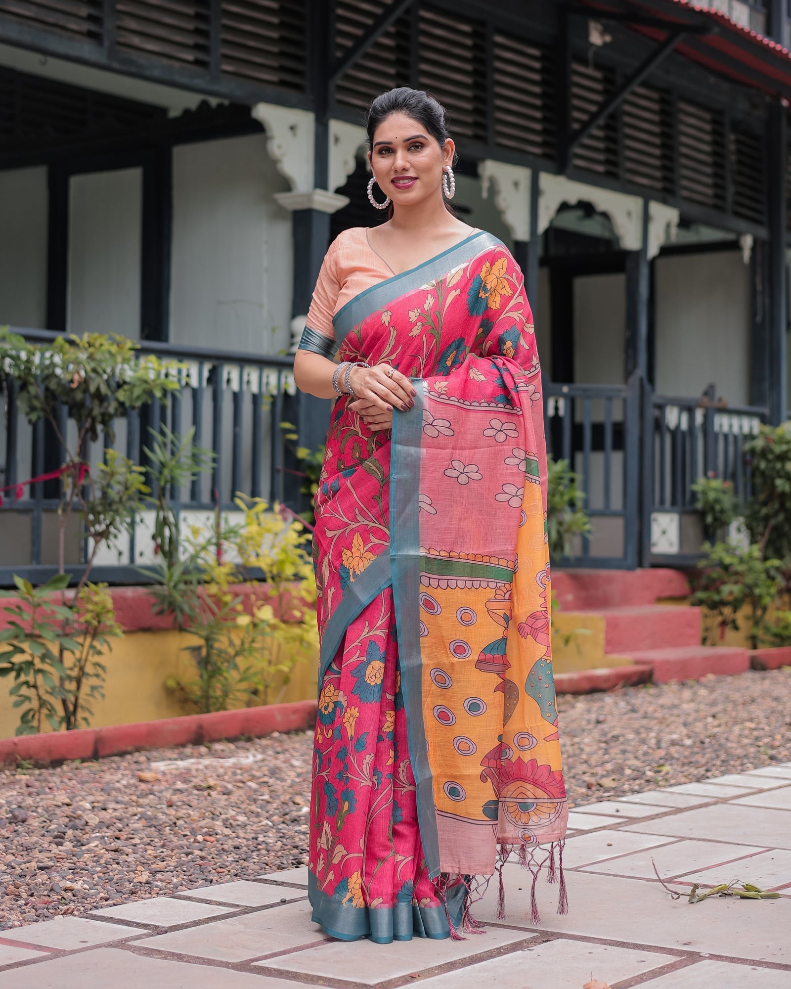 Pink and Orange Pure Cotton Linen Saree with Floral Kalamkari Print, Blue Border, and Tassels LINEN