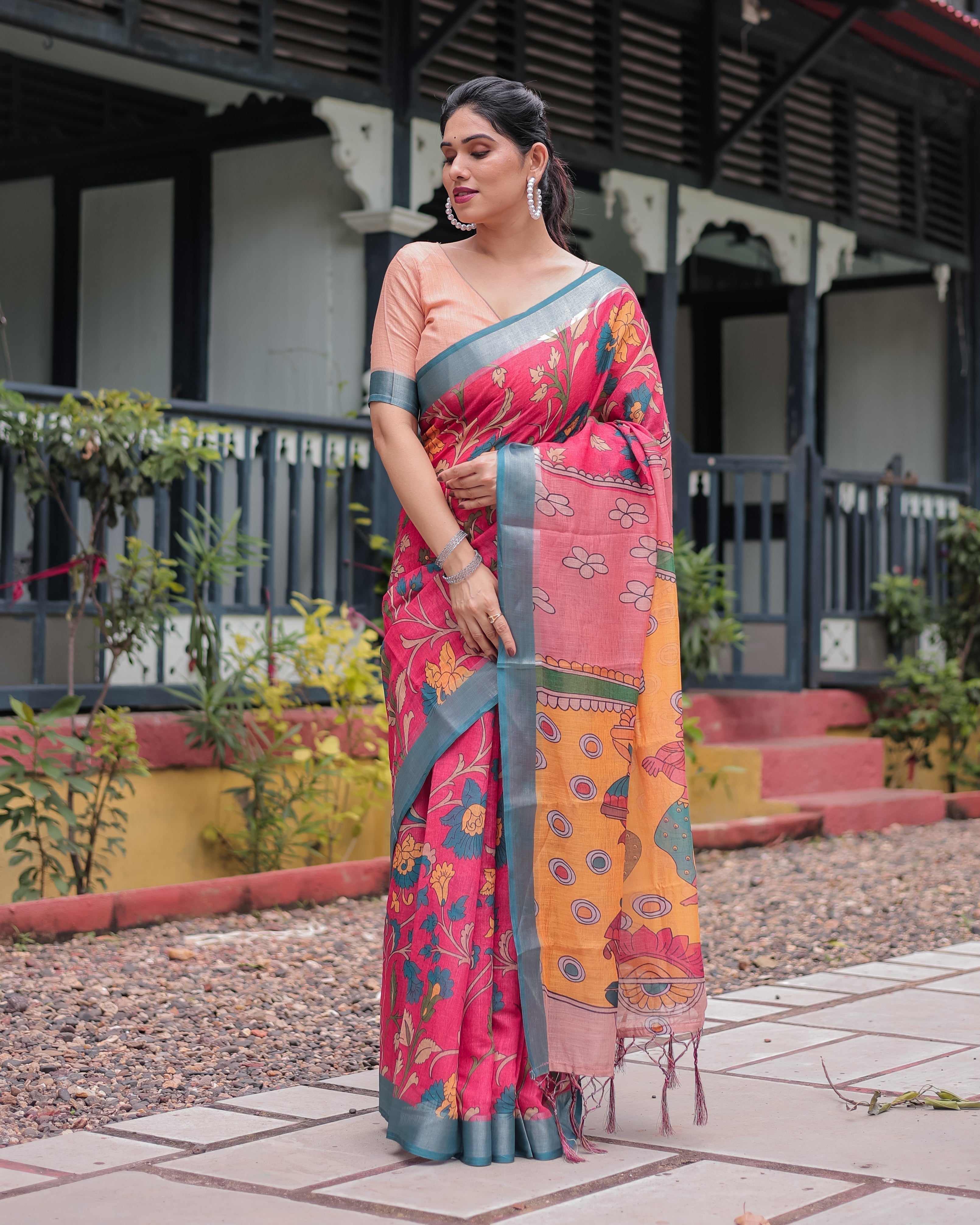 Pink and Orange Pure Cotton Linen Saree with Floral Kalamkari Print, Blue Border, and Tassels Secondary image