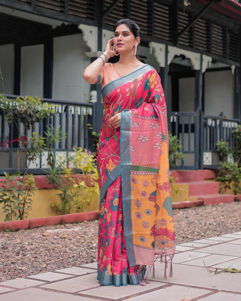 Pink and Orange Pure Cotton Linen Saree with Floral Kalamkari Print, Blue Border, and Tassels LINEN
