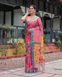 Load image into Gallery viewer, Pink and Orange Pure Cotton Linen Saree with Floral Kalamkari Print, Blue Border, and Tassels LINEN