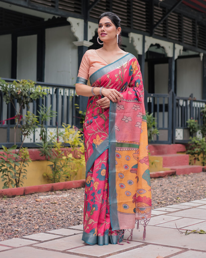 Pink and Orange Pure Cotton Linen Saree with Floral Kalamkari Print, Blue Border, and Tassels LINEN