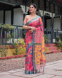 Load image into Gallery viewer, Pink and Orange Pure Cotton Linen Saree with Floral Kalamkari Print, Blue Border, and Tassels LINEN