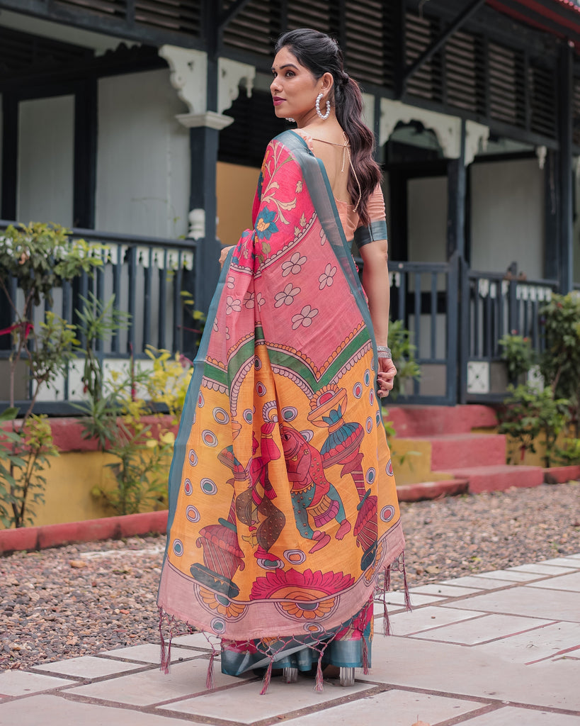 Pink and Orange Pure Cotton Linen Saree with Floral Kalamkari Print, Blue Border, and Tassels LINEN