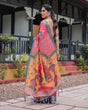 Load image into Gallery viewer, Pink and Orange Pure Cotton Linen Saree with Floral Kalamkari Print, Blue Border, and Tassels LINEN