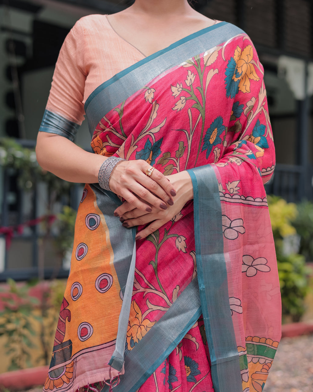 Pink and Orange Pure Cotton Linen Saree with Floral Kalamkari Print, Blue Border, and Tassels LINEN