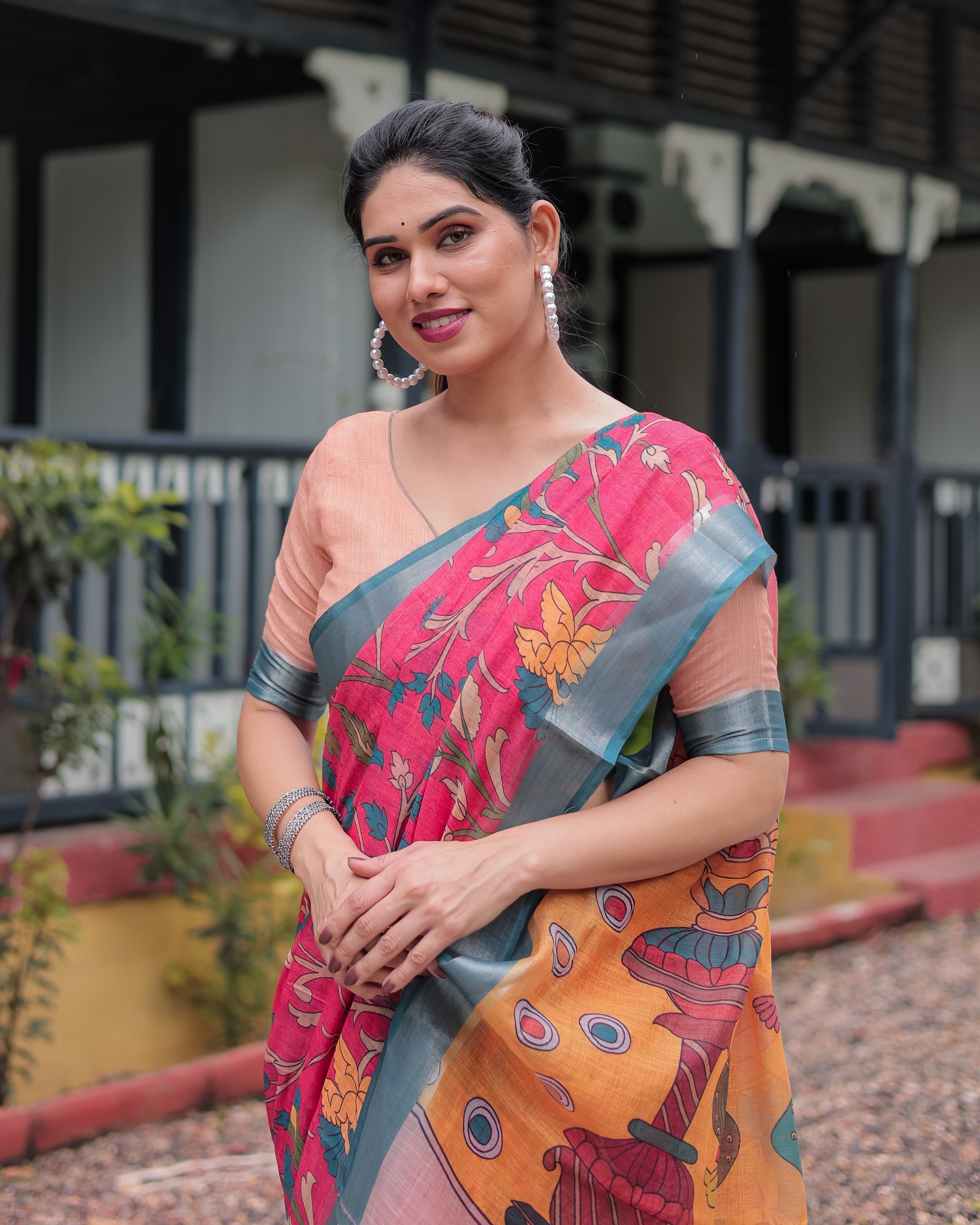 Pink and Orange Pure Cotton Linen Saree with Floral Kalamkari Print, Blue Border, and Tassels LINEN