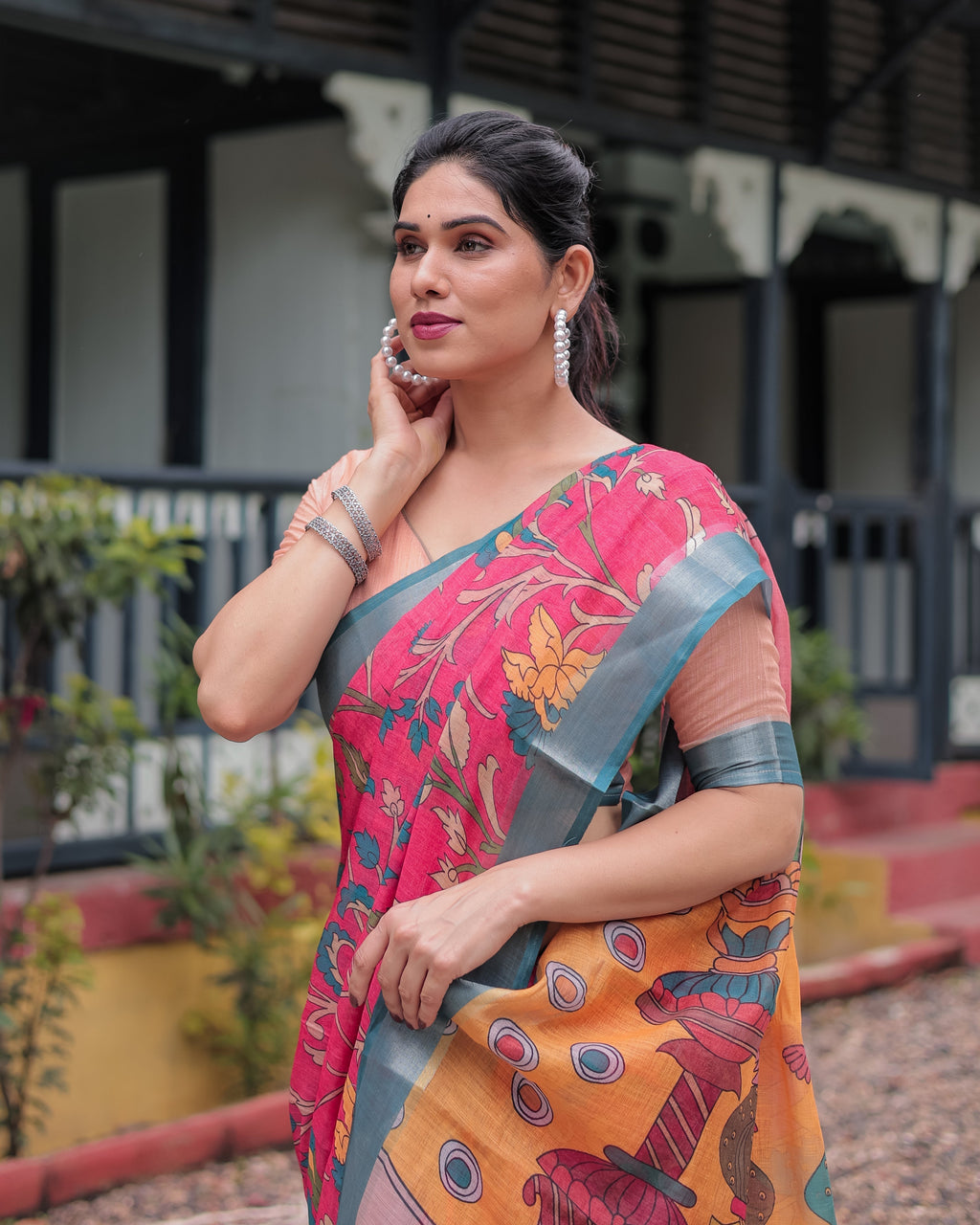 Pink and Orange Pure Cotton Linen Saree with Floral Kalamkari Print, Blue Border, and Tassels LINEN