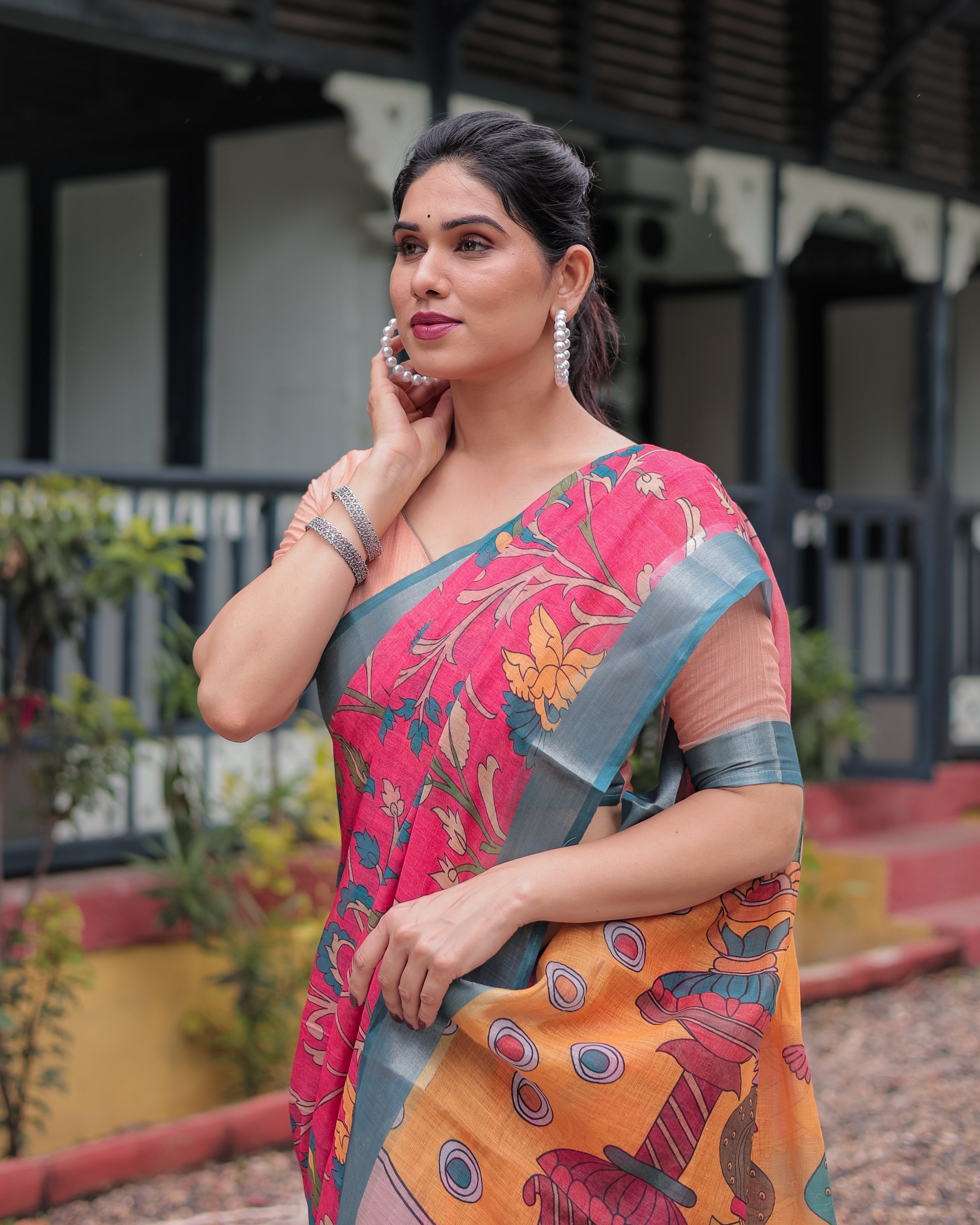 Pink and Orange Pure Cotton Linen Saree with Floral Kalamkari Print, Blue Border, and Tassels LINEN