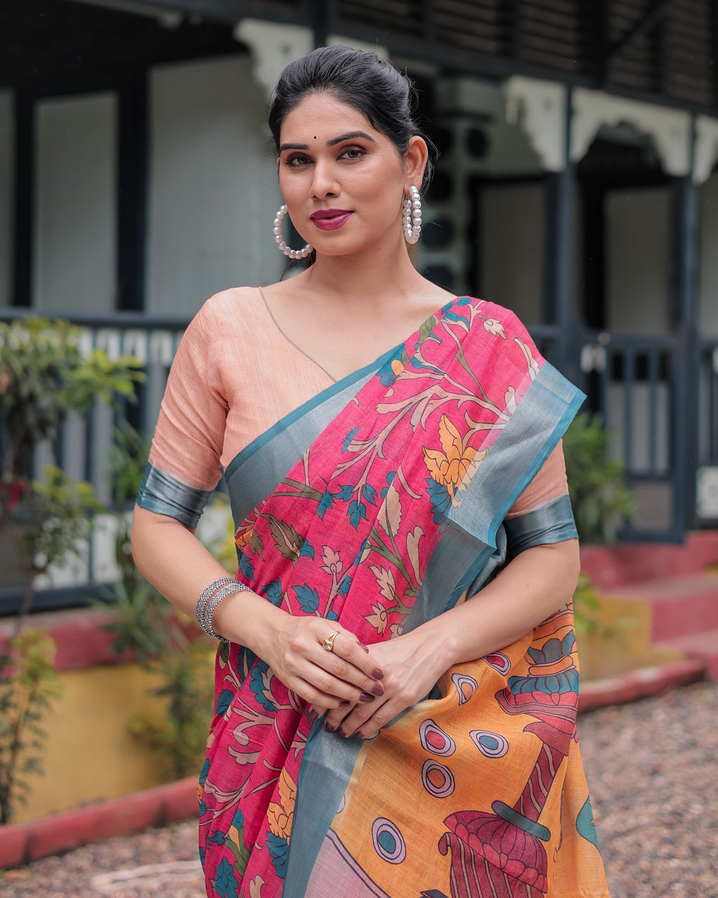 Pink and Orange Pure Cotton Linen Saree with Floral Kalamkari Print, Blue Border, and Tassels LINEN