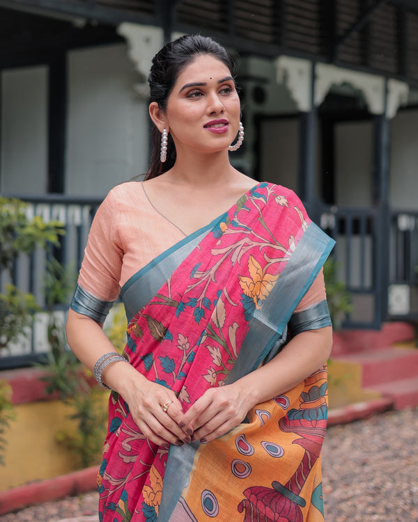 Pink and Orange Pure Cotton Linen Saree with Floral Kalamkari Print, Blue Border, and Tassels LINEN