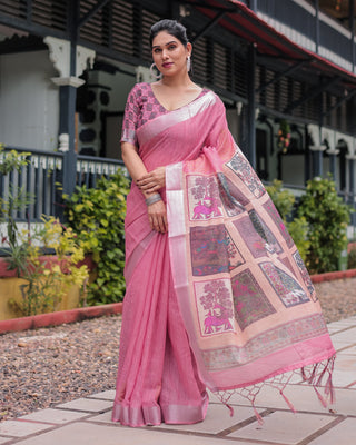 Pink Pure Cotton Linen Saree with Floral and Nature Print, Silver Border & Tassels LINEN