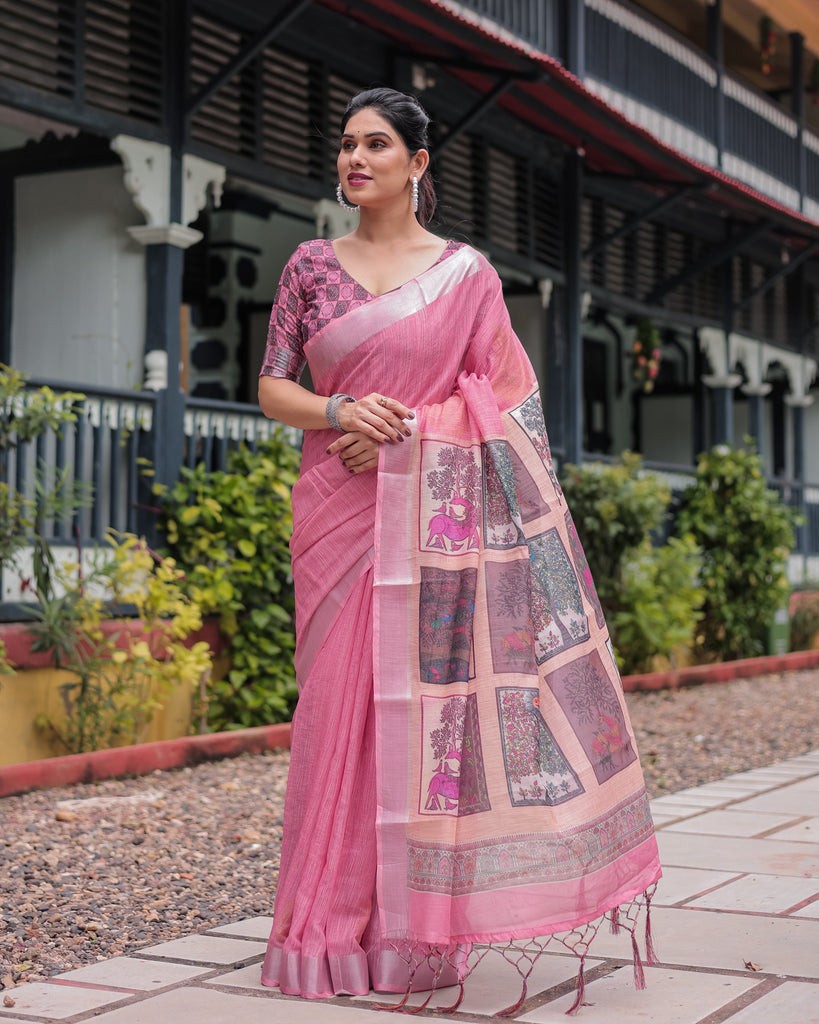 Pink Pure Cotton Linen Saree with Floral and Nature Print, Silver Border & Tassels LINEN