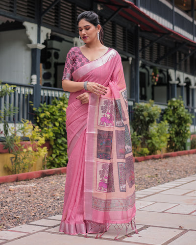 Pink Pure Cotton Linen Saree with Floral and Nature Print, Silver Border & Tassels LINEN