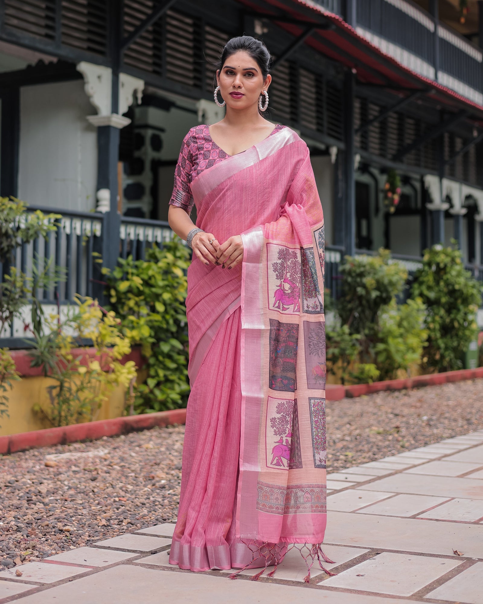 Pink Pure Cotton Linen Saree with Floral and Nature Print, Silver Border & Tassels LINEN