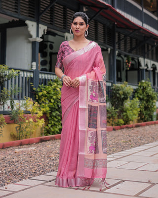 Pink Pure Cotton Linen Saree with Floral and Nature Print, Silver Border & Tassels LINEN