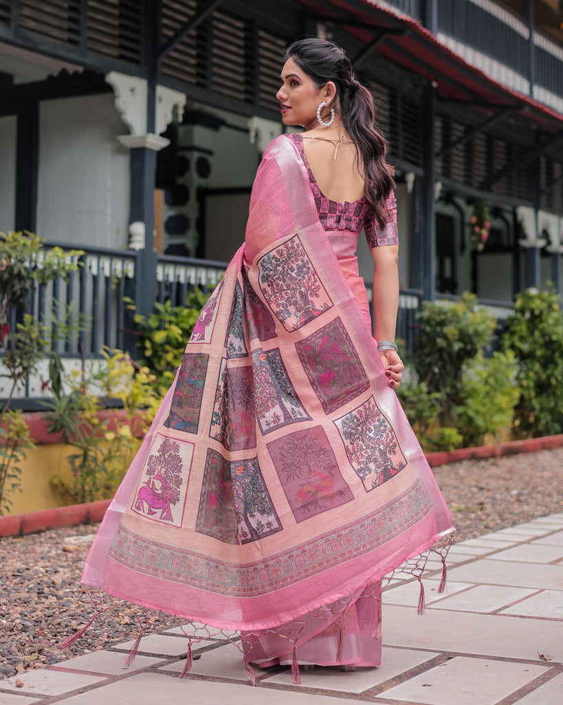 Pink Pure Cotton Linen Saree with Floral and Nature Print, Silver Border & Tassels LINEN