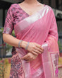 Load image into Gallery viewer, Pink Pure Cotton Linen Saree with Floral and Nature Print, Silver Border &amp; Tassels LINEN