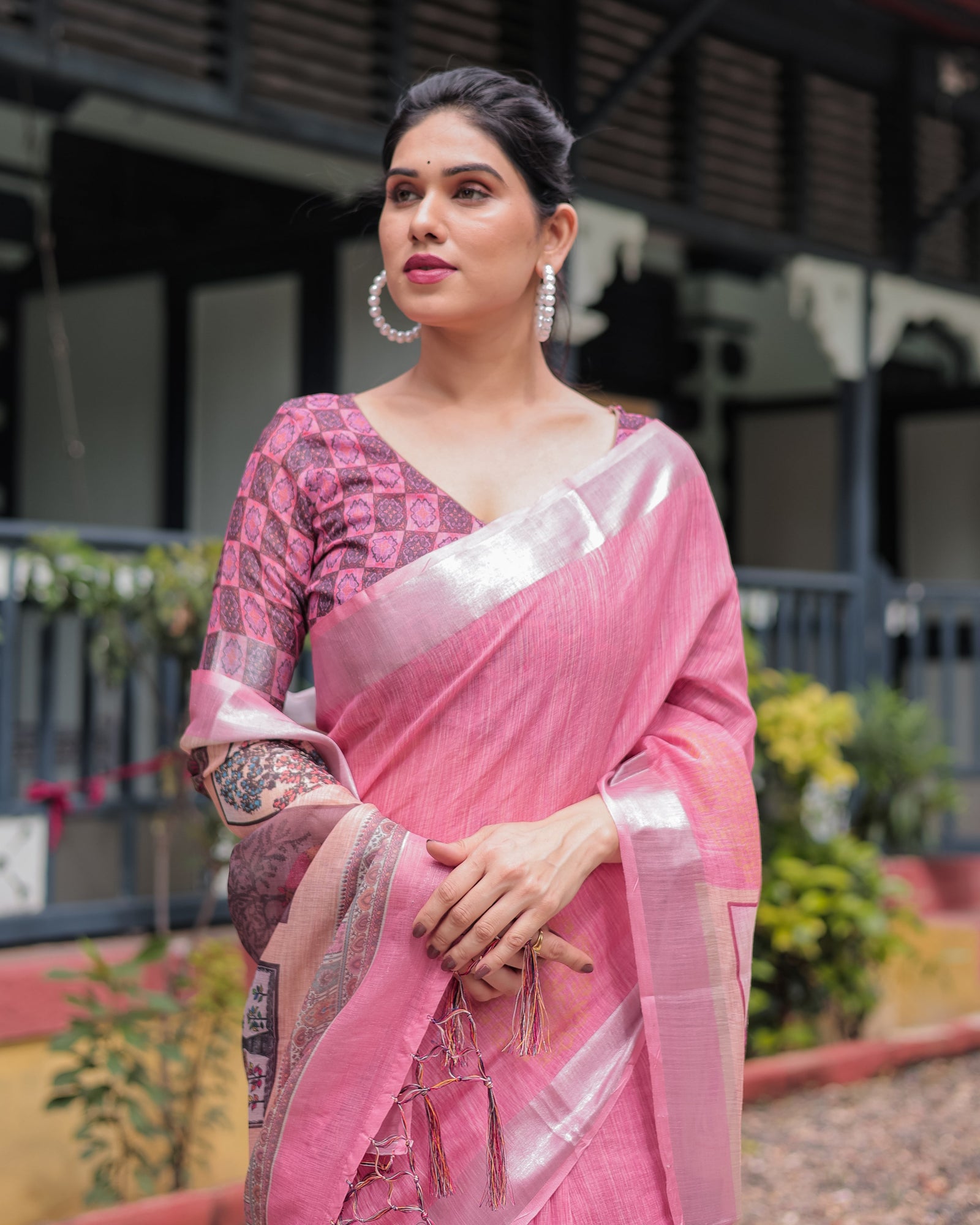 Pink Pure Cotton Linen Saree with Floral and Nature Print, Silver Border & Tassels LINEN