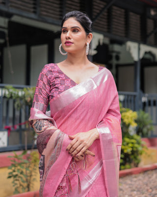 Pink Pure Cotton Linen Saree with Floral and Nature Print, Silver Border & Tassels LINEN