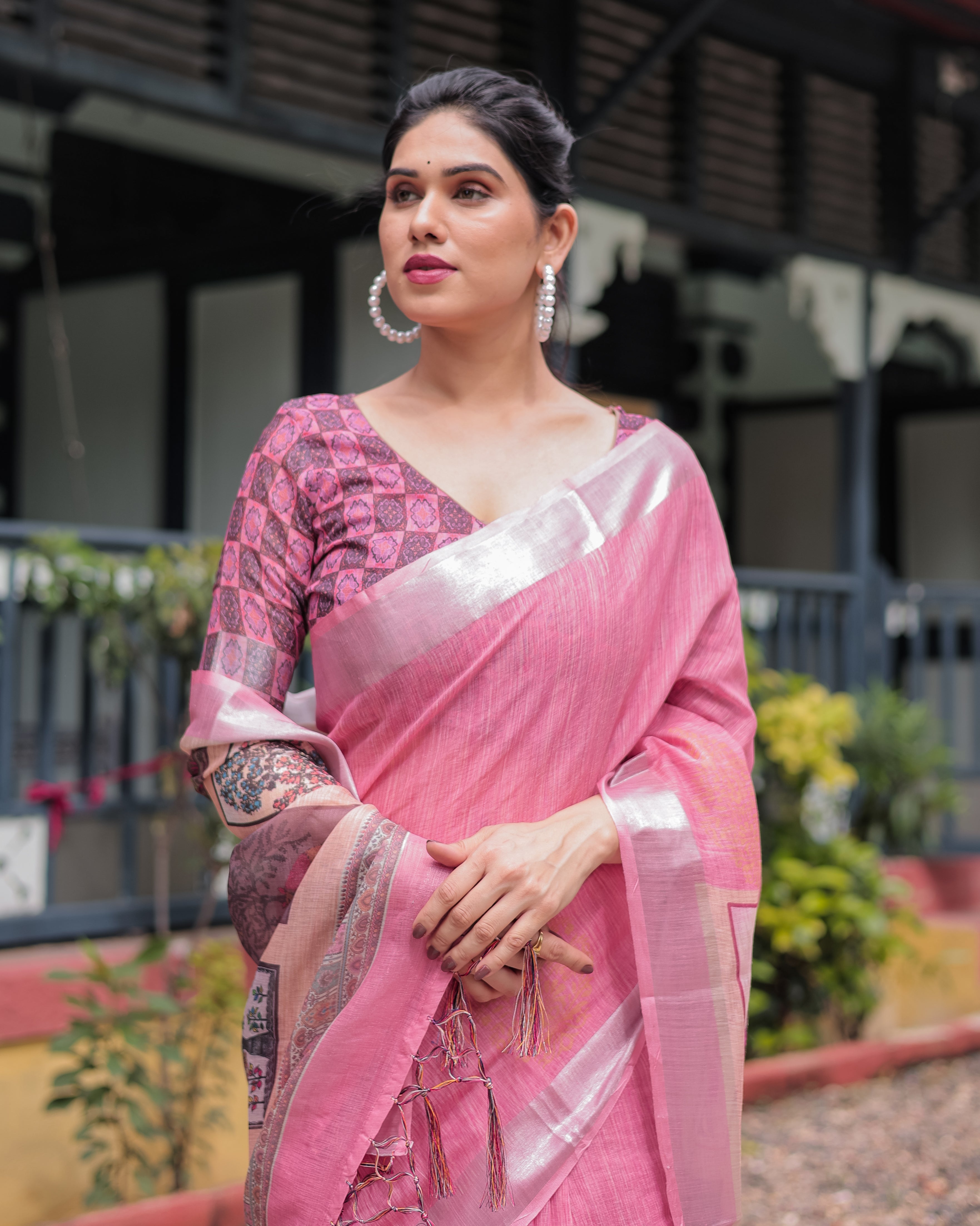 Pink Pure Cotton Linen Saree with Floral and Nature Print, Silver Border & Tassels LINEN