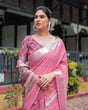 Load image into Gallery viewer, Pink Pure Cotton Linen Saree with Floral and Nature Print, Silver Border &amp; Tassels LINEN