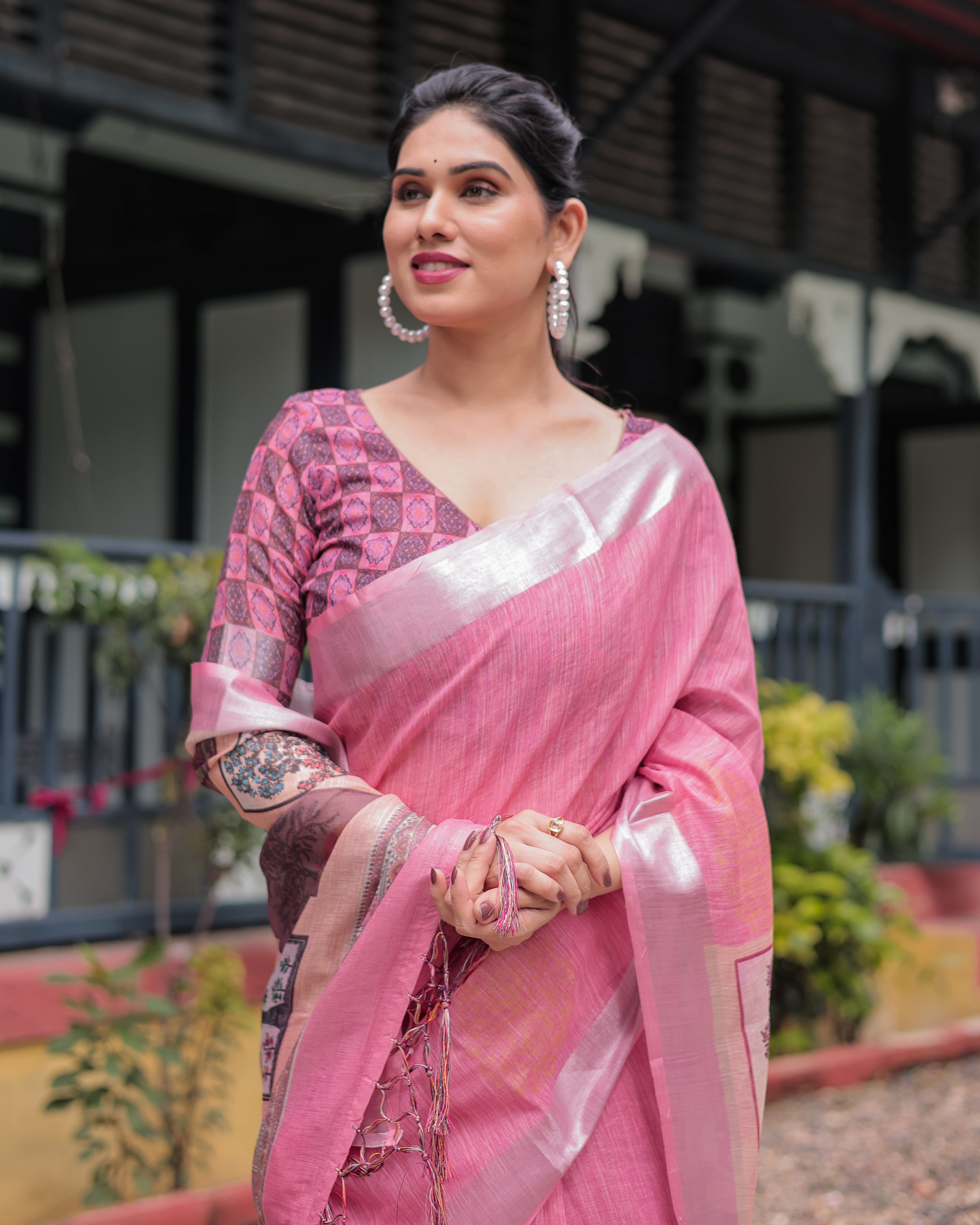 Pink Pure Cotton Linen Saree with Floral and Nature Print, Silver Border & Tassels LINEN