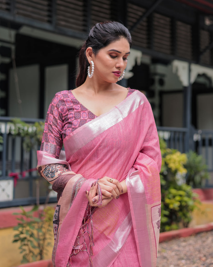 Pink Pure Cotton Linen Saree with Floral and Nature Print, Silver Border & Tassels LINEN