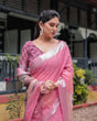 Load image into Gallery viewer, Pink Pure Cotton Linen Saree with Floral and Nature Print, Silver Border &amp; Tassels LINEN