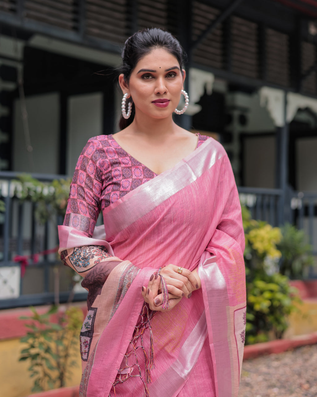 Pink Pure Cotton Linen Saree with Floral and Nature Print, Silver Border & Tassels LINEN