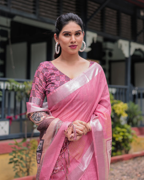 Pink Pure Cotton Linen Saree with Floral and Nature Print, Silver Border & Tassels LINEN