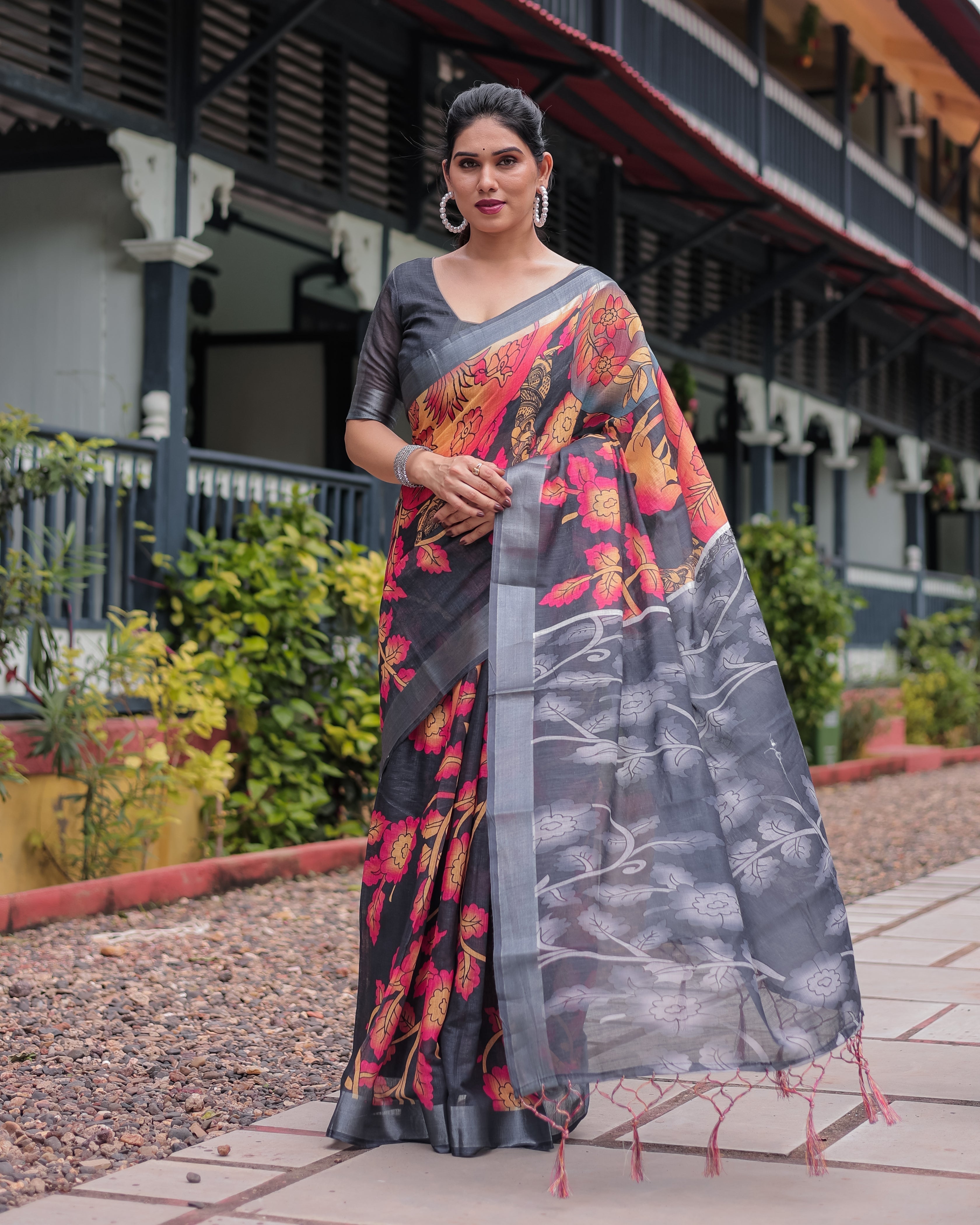 Multicolor Floral Design Pure Cotton Linen Saree with Blouse and Tassels LINEN