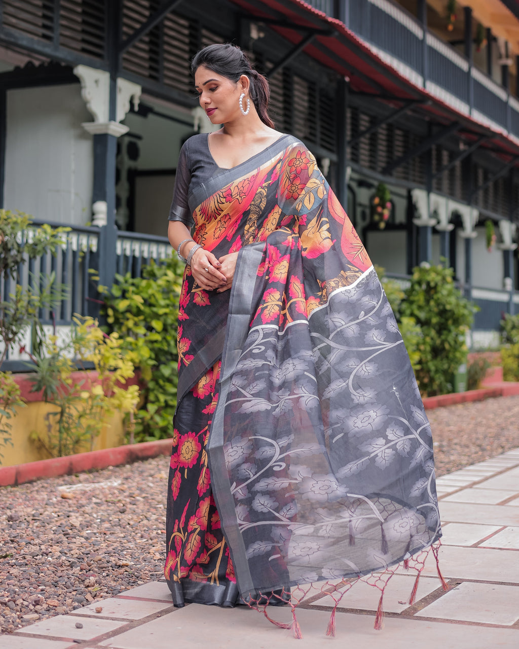 Multicolor Floral Design Pure Cotton Linen Saree with Blouse and Tassels LINEN