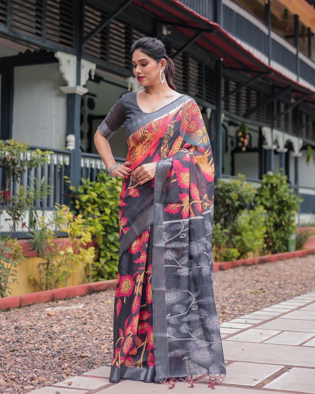 Multicolor Floral Design Pure Cotton Linen Saree with Blouse and Tassels LINEN