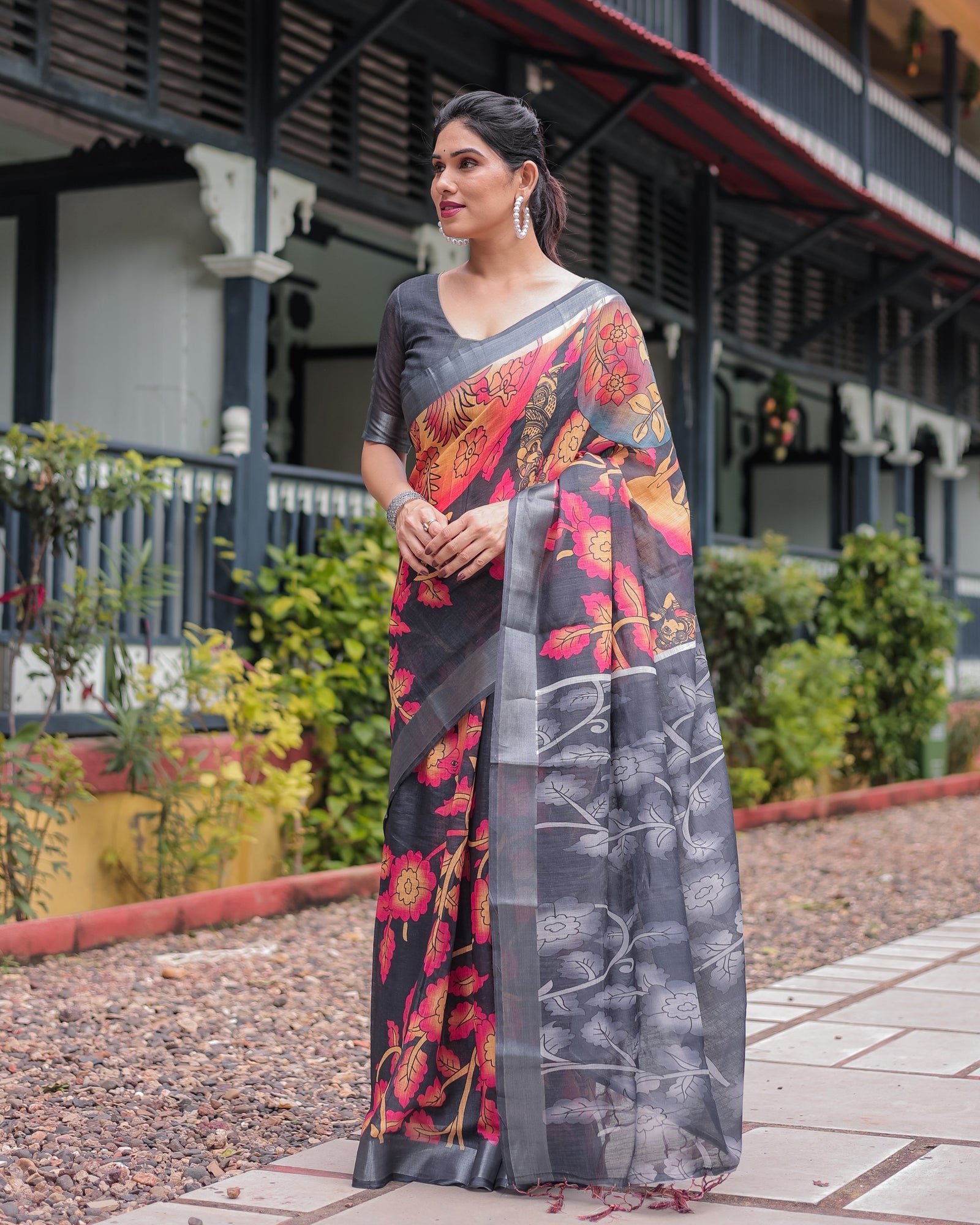 Multicolor Floral Design Pure Cotton Linen Saree with Blouse and Tassels LINEN
