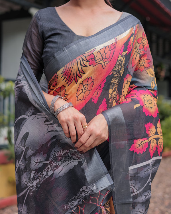 Multicolor Floral Design Pure Cotton Linen Saree with Blouse and Tassels LINEN