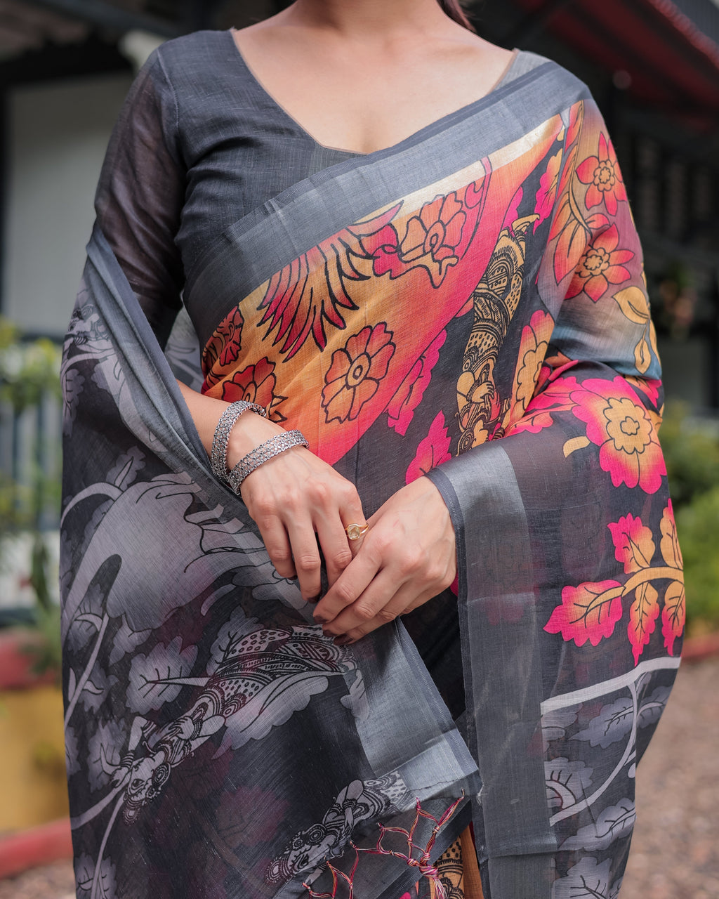 Multicolor Floral Design Pure Cotton Linen Saree with Blouse and Tassels LINEN