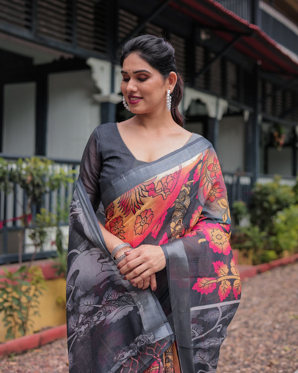 Multicolor Floral Design Pure Cotton Linen Saree with Blouse and Tassels LINEN