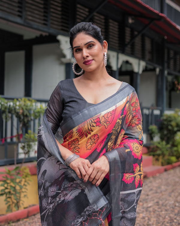 Multicolor Floral Design Pure Cotton Linen Saree with Blouse and Tassels LINEN