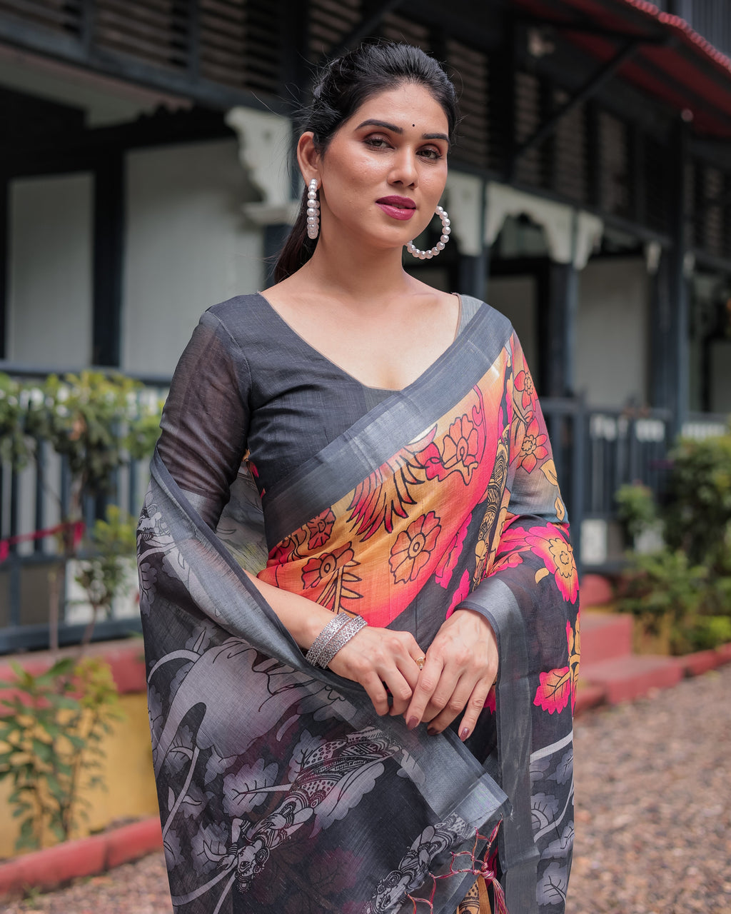 Multicolor Floral Design Pure Cotton Linen Saree with Blouse and Tassels LINEN