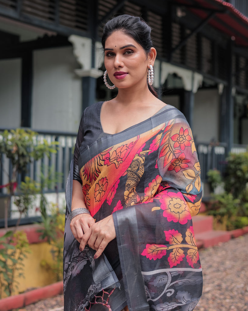 Multicolor Floral Design Pure Cotton Linen Saree with Blouse and Tassels LINEN