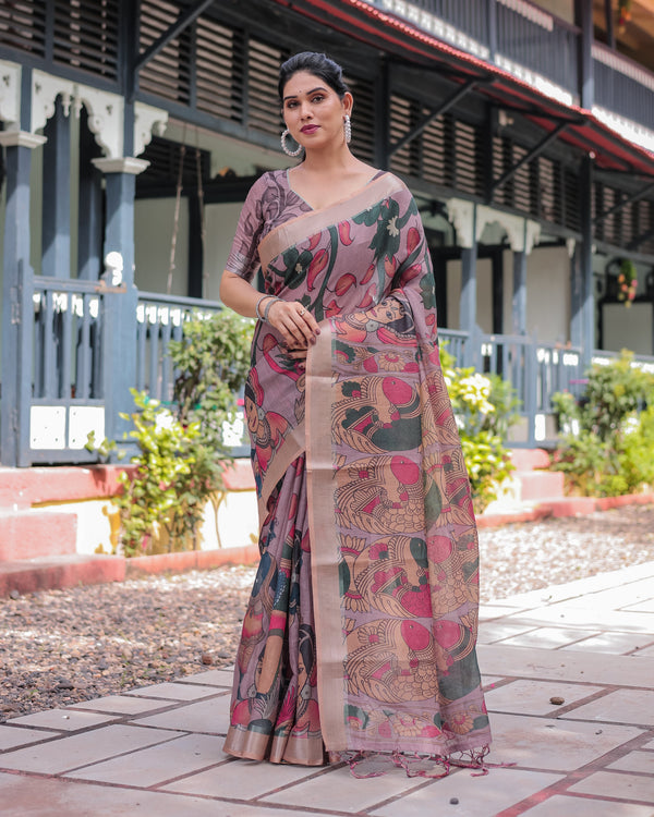 Pastel Peach Kalamkari Design Pure Cotton Linen Saree with Blouse and Tassels LINEN