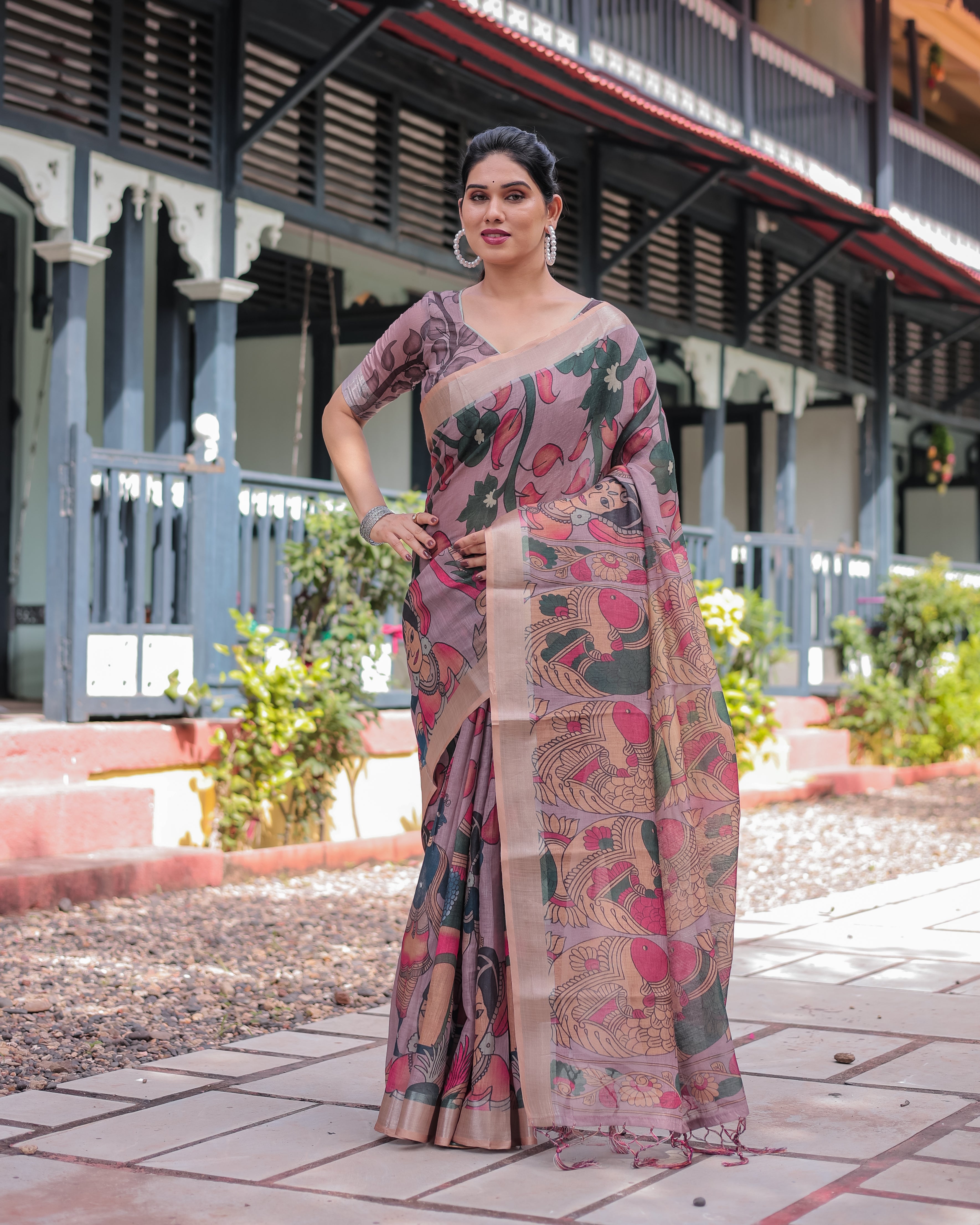 Pastel Peach Kalamkari Design Pure Cotton Linen Saree with Blouse and Tassels LINEN Main image