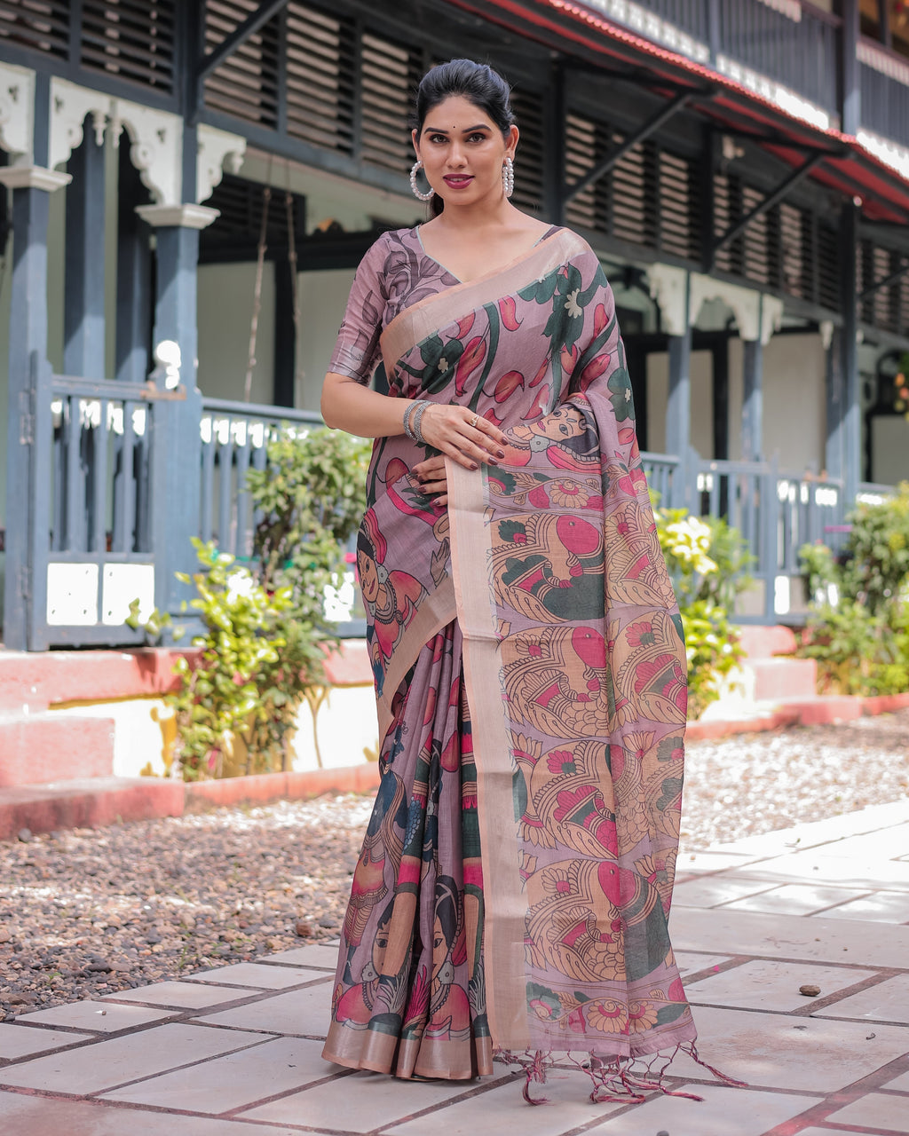 Pastel Peach Kalamkari Design Pure Cotton Linen Saree with Blouse and Tassels LINEN