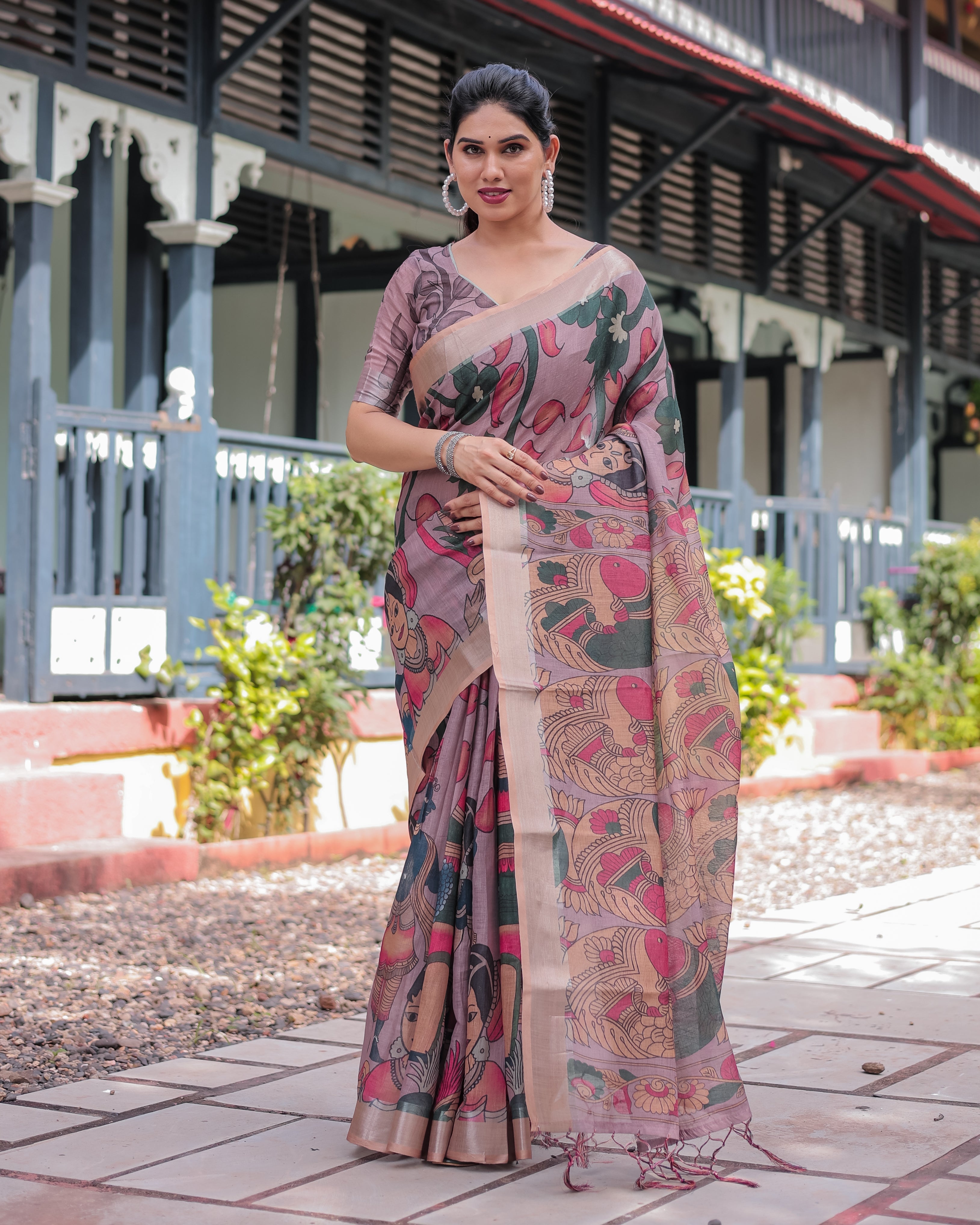 Pastel Peach Kalamkari Design Pure Cotton Linen Saree with Blouse and Tassels LINEN