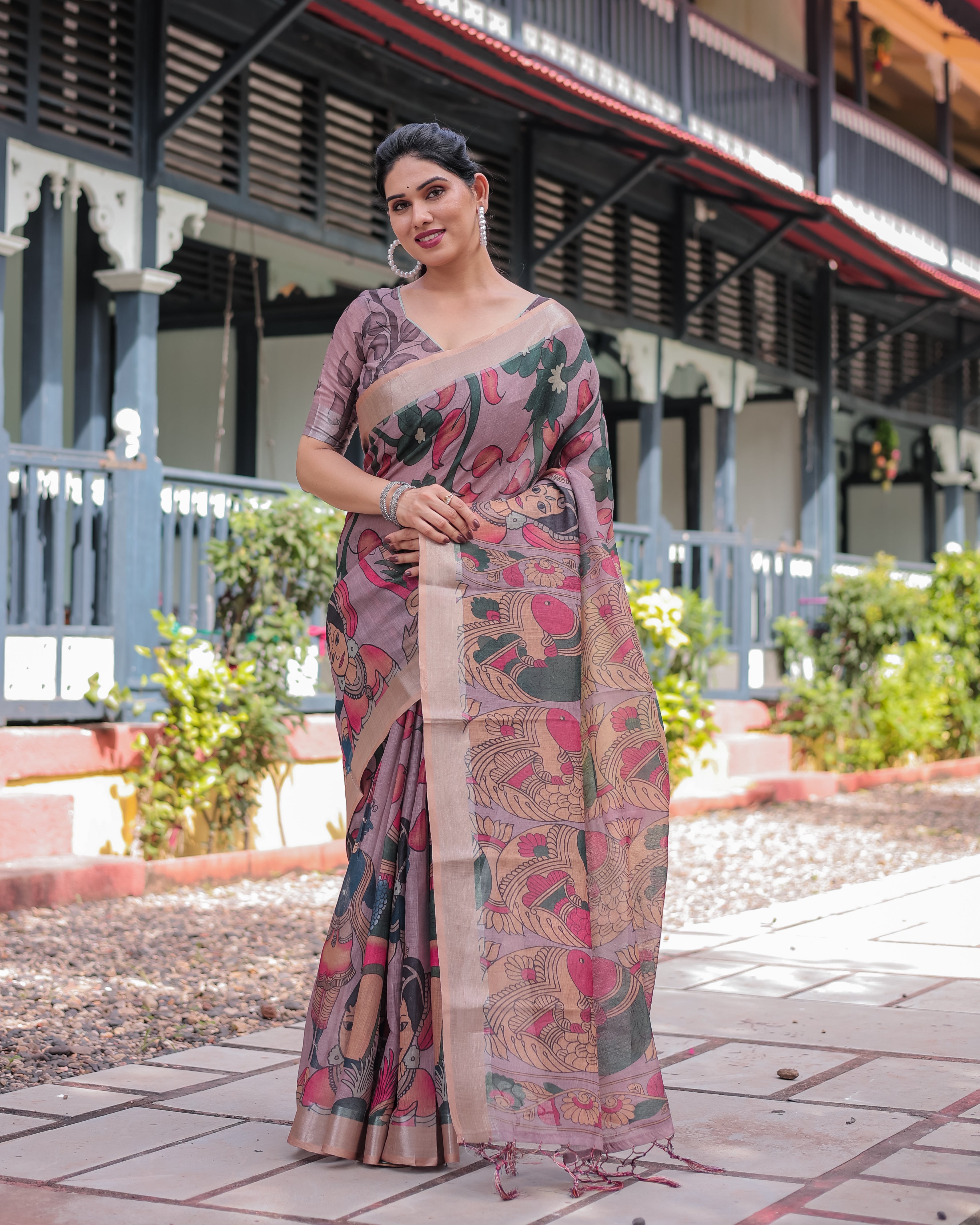 Pastel Peach Kalamkari Design Pure Cotton Linen Saree with Blouse and Tassels Secondary image