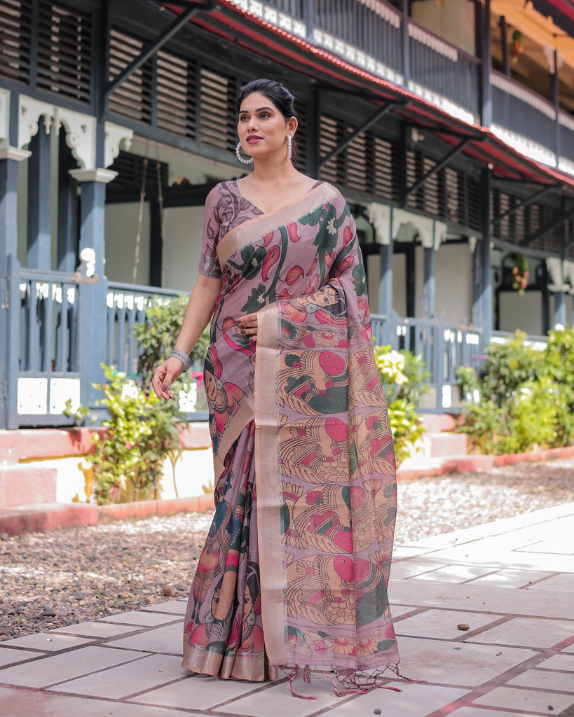 Pastel Peach Kalamkari Design Pure Cotton Linen Saree with Blouse and Tassels LINEN