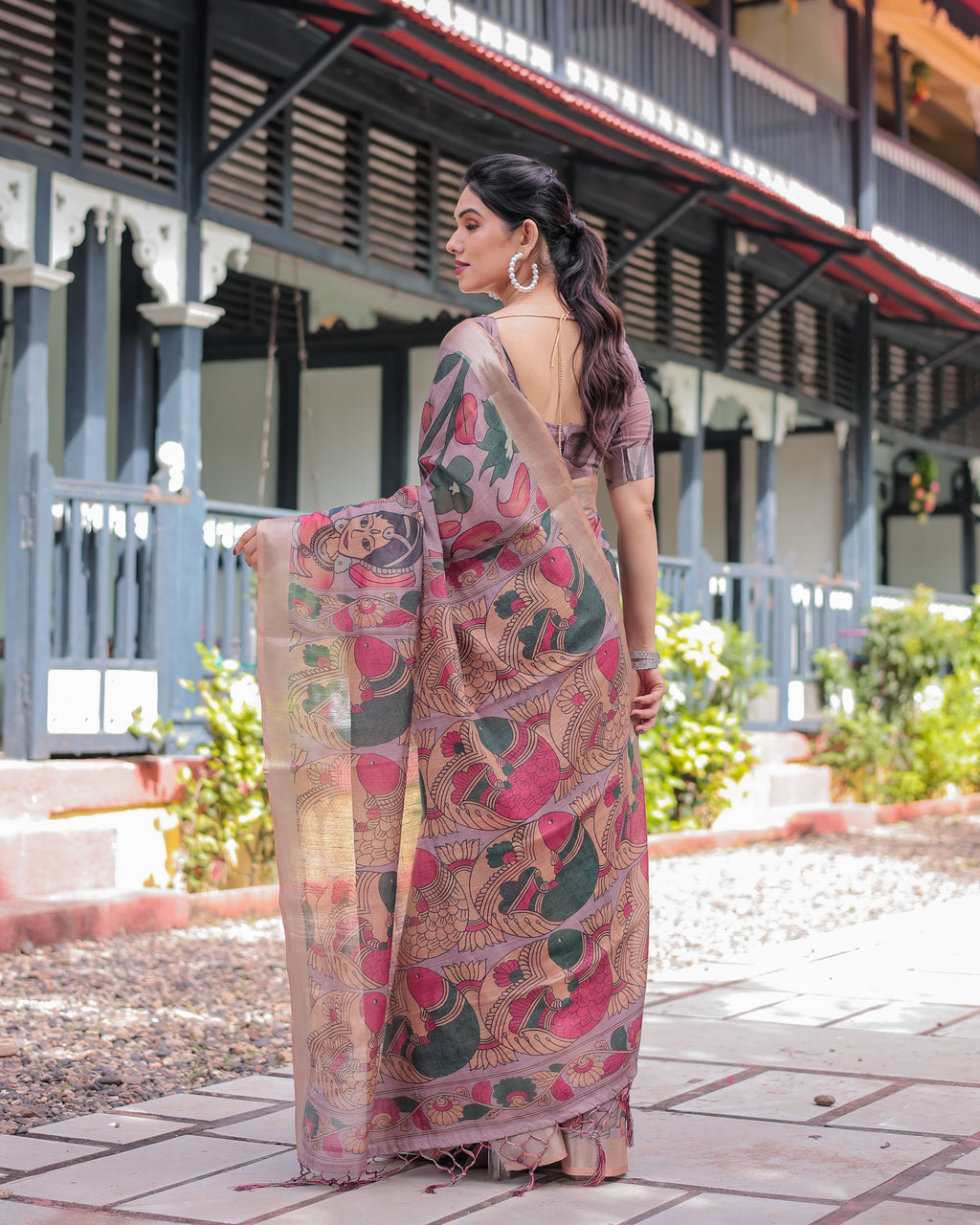 Pastel Peach Kalamkari Design Pure Cotton Linen Saree with Blouse and Tassels LINEN