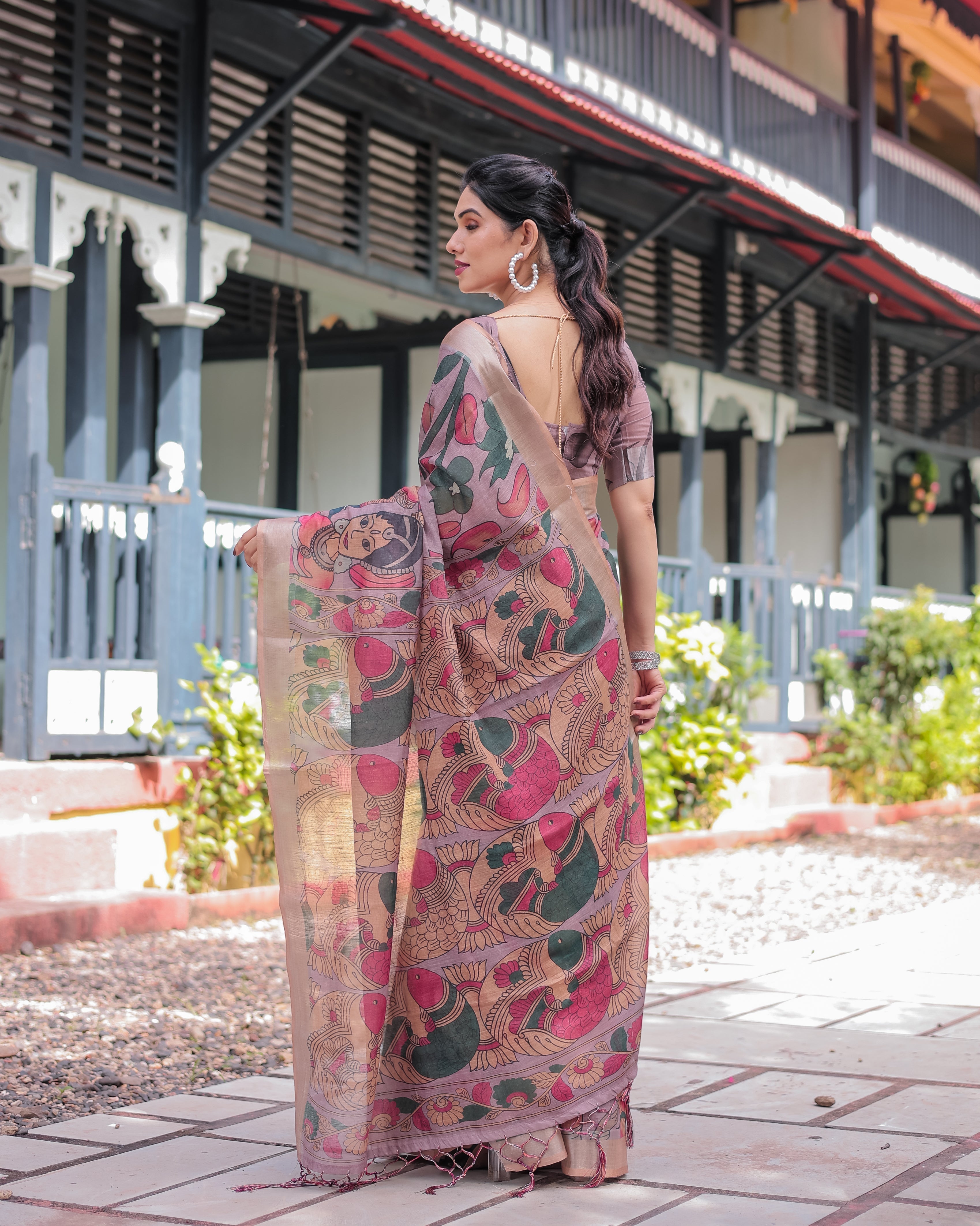 Pastel Peach Kalamkari Design Pure Cotton Linen Saree with Blouse and Tassels LINEN